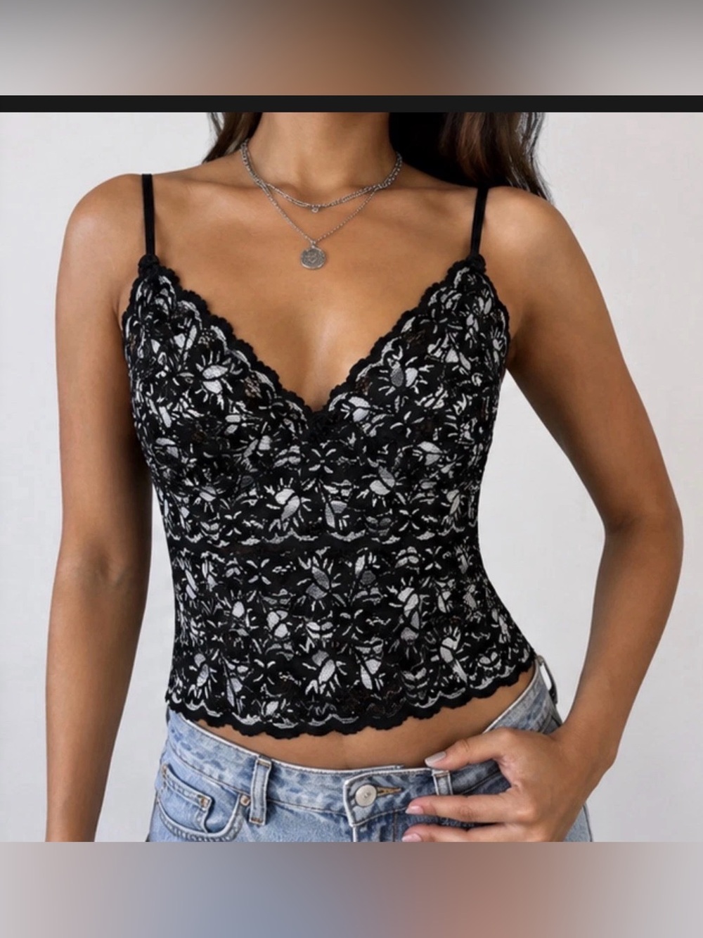 Isabella Black Floral Lace Cami Top Womens M Spaghetti Strap Y2K Gothic